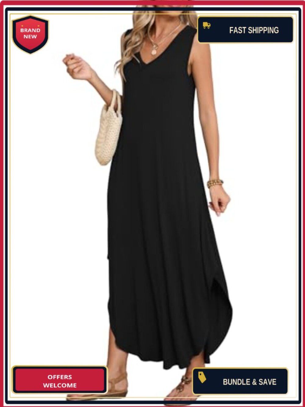 Plus Size Maxi Dress Sleeveless V Neck Side Split Flowy Summer Beach Coverup